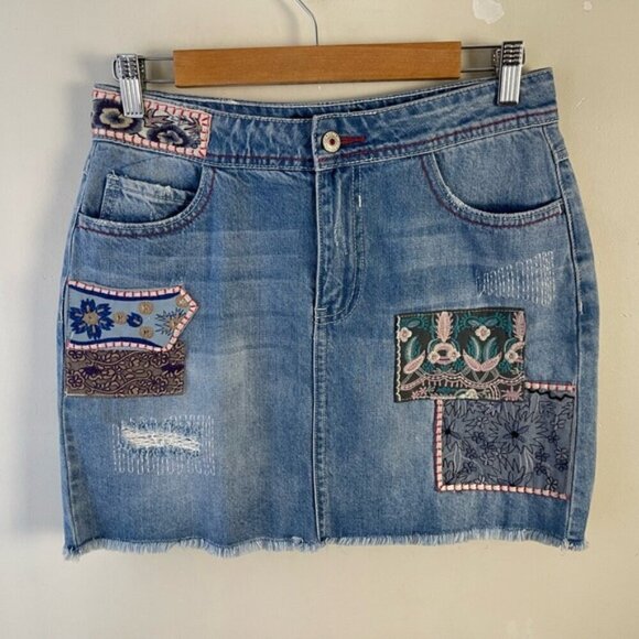 Desigual patchwork boho raw hem jean mini skirt size 28 - Picture 5 of 14